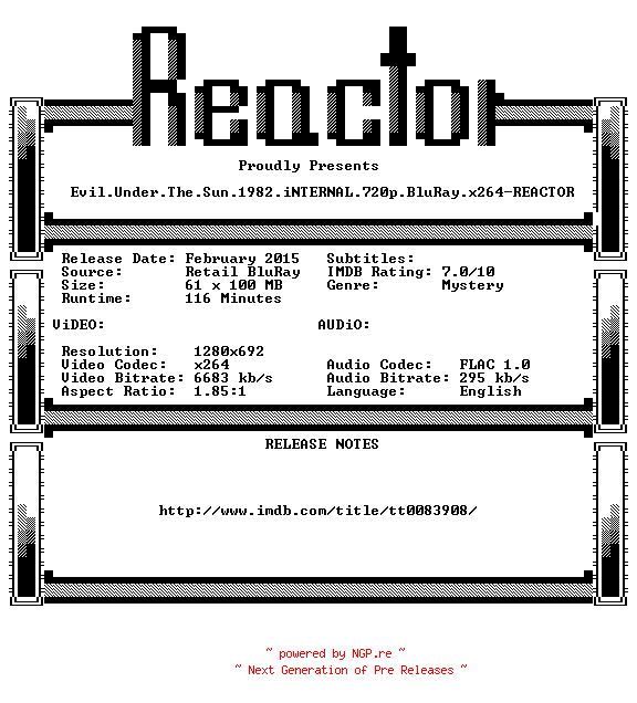 NFO for the release Evil.Under.The.Sun.1982.iNTERNAL.720p.BluRay.x264-REACTOR by REACTOR
