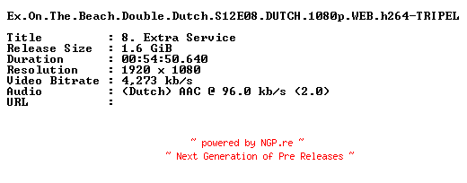 NFO for the release Ex.On.The.Beach.Double.Dutch.S12E08.DUTCH.1080p.WEB.h264-TRIPEL by TRIPEL