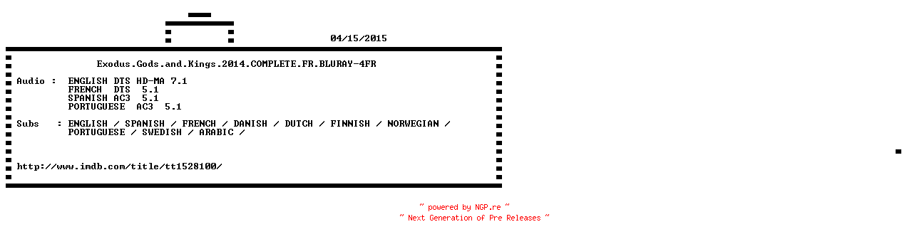 NFO for the release Exodus.Gods.and.Kings.2014.COMPLETE.FR.BLURAY-4FR by 4FR