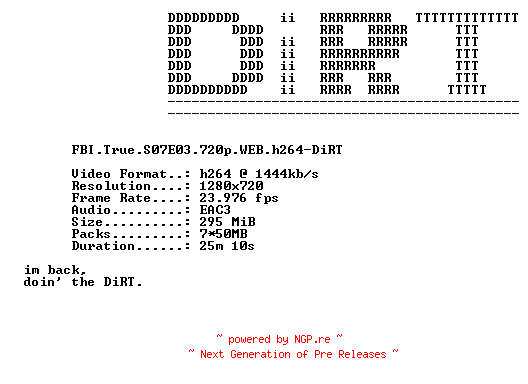 NFO for the release FBI.True.S07E03.720p.WEB.h264-DiRT by DiRT