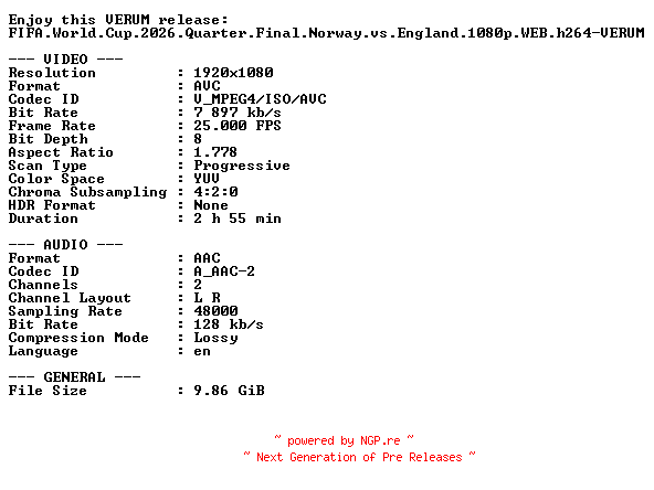 NFO for the release FIFA.World.Cup.2026.Quarter.Final.Norway.vs.England.1080p.WEB.h264-VERUM by VERUM