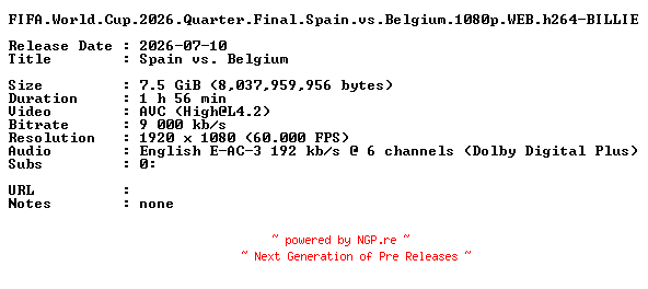 NFO for the release FIFA.World.Cup.2026.Quarter.Final.Spain.vs.Belgium.1080p.WEB.h264-BILLIE by BILLIE