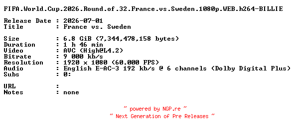 NFO for the release FIFA.World.Cup.2026.Round.of.32.France.vs.Sweden.1080p.WEB.h264-BILLIE by BILLIE