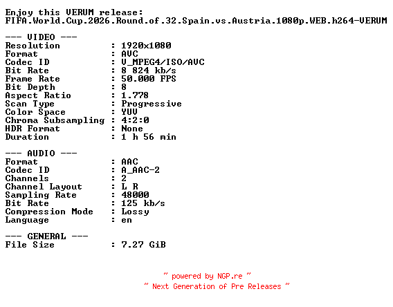 NFO for the release FIFA.World.Cup.2026.Round.of.32.Spain.vs.Austria.1080p.WEB.h264-VERUM by VERUM
