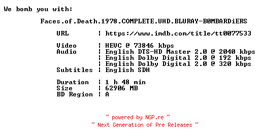 NFO for the release Faces.of.Death.1978.COMPLETE.UHD.BLURAY-B0MBARDiERS by B0MBARDiERS
