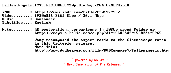 NFO for the release Fallen.Angels.1995.RESTORED.720p.BluRay.x264-CiNEPHiLiA by CiNEPHiLiA