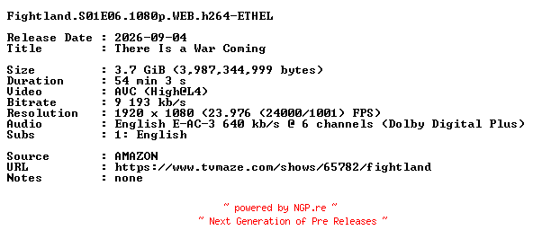 NFO for the release Fightland.S01E06.1080p.WEB.h264-ETHEL by ETHEL