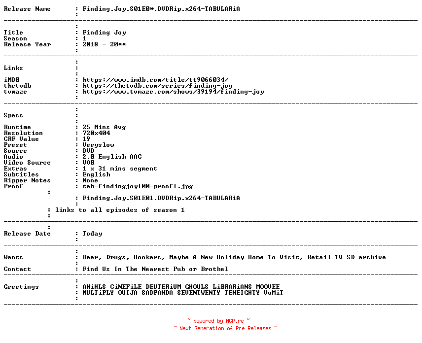 NFO for the release Finding.Joy.S01E06.DVDRip.x264-TABULARiA by TABULARiA