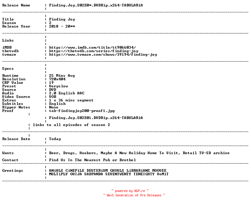 NFO for the release Finding.Joy.S02E04.DVDRip.x264-TABULARiA by TABULARiA