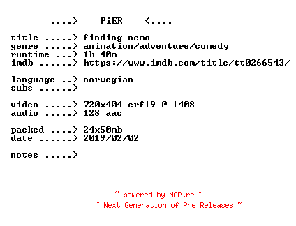 NFO for the release Finding.Nemo.2003.NORWEGiAN.BDRip.x264-PiER by PiER