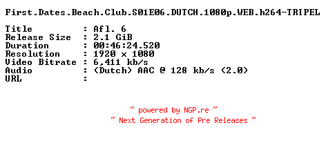 NFO for the release First.Dates.Beach.Club.S01E06.DUTCH.1080p.WEB.h264-TRIPEL by TRIPEL