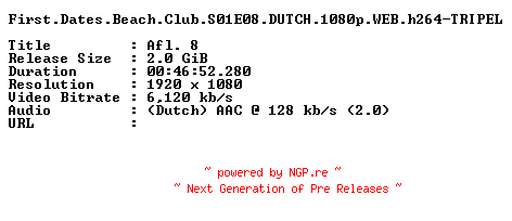 NFO for the release First.Dates.Beach.Club.S01E08.DUTCH.1080p.WEB.h264-TRIPEL by TRIPEL
