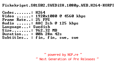 NFO for the release Fiskekriget.S01E02.SWEDiSH.1080p.WEB.H264-KORPI by KORPI