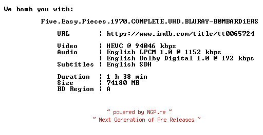 NFO for the release Five.Easy.Pieces.1970.COMPLETE.UHD.BLURAY-B0MBARDiERS by B0MBARDiERS