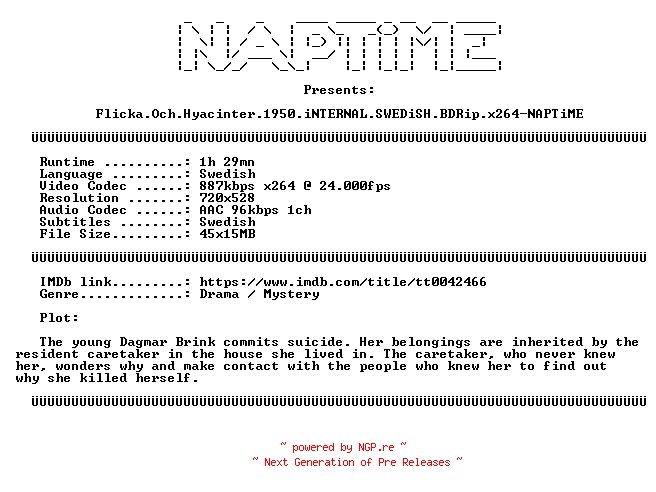 NFO for the release Flicka.Och.Hyacinter.1950.iNTERNAL.SWEDiSH.BDRip.x264-NAPTiME by NAPTiME