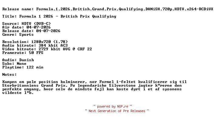 NFO for the release Formula.1.2026.British.Grand.Prix.Qualifying.DANiSH.720p.HDTV.x264-RCDiVX by RCDiVX