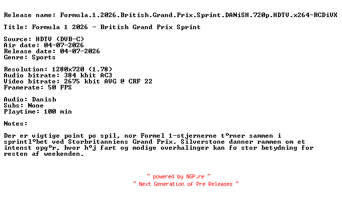 NFO for the release Formula.1.2026.British.Grand.Prix.Sprint.DANiSH.720p.HDTV.x264-RCDiVX by RCDiVX