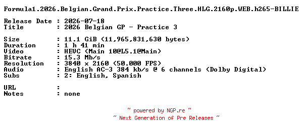 NFO for the release Formula1.2026.Belgian.Grand.Prix.Practice.Three.HLG.2160p.WEB.h265-BILLIE by BILLIE