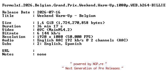 NFO for the release Formula1.2026.Belgian.Grand.Prix.Weekend.Warm-Up.1080p.WEB.h264-BILLIE by BILLIE