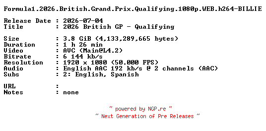NFO for the release Formula1.2026.British.Grand.Prix.Qualifying.1080p.WEB.h264-BILLIE by BILLIE