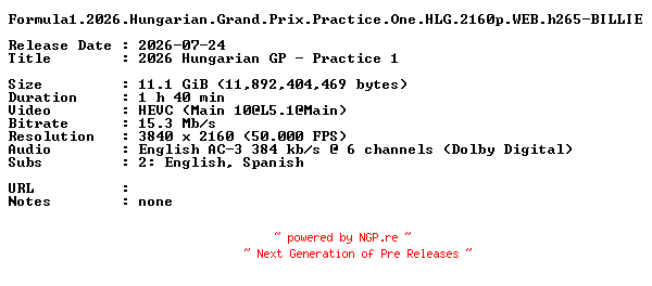 NFO for the release Formula1.2026.Hungarian.Grand.Prix.Practice.One.HLG.2160p.WEB.h265-BILLIE by BILLIE