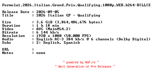 NFO for the release Formula1.2026.Italian.Grand.Prix.Qualifying.1080p.WEB.h264-BILLIE by BILLIE