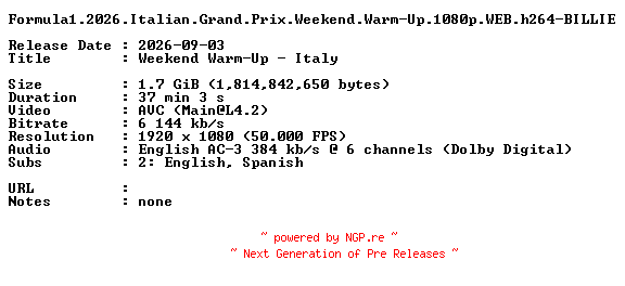 NFO for the release Formula1.2026.Italian.Grand.Prix.Weekend.Warm-Up.1080p.WEB.h264-BILLIE by BILLIE
