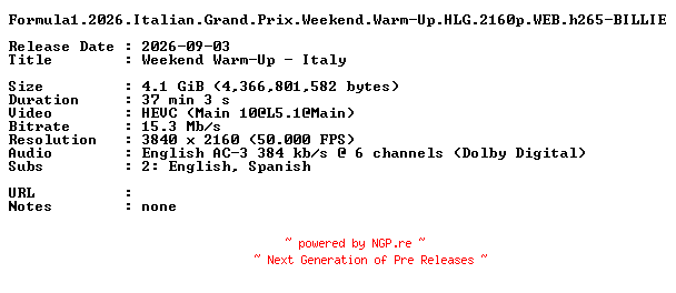 NFO for the release Formula1.2026.Italian.Grand.Prix.Weekend.Warm-Up.HLG.2160p.WEB.h265-BILLIE by BILLIE