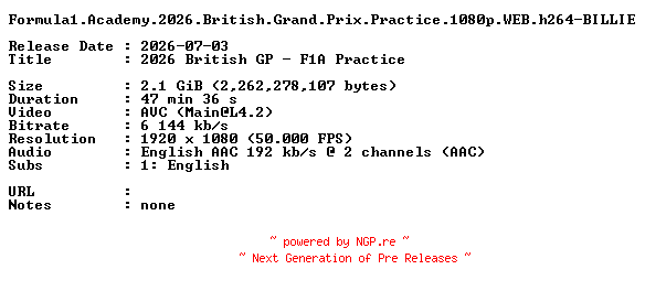 NFO for the release Formula1.Academy.2026.British.Grand.Prix.Practice.1080p.WEB.h264-BILLIE by BILLIE