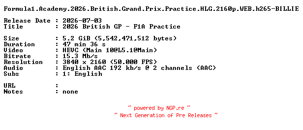 NFO for the release Formula1.Academy.2026.British.Grand.Prix.Practice.HLG.2160p.WEB.h265-BILLIE by BILLIE