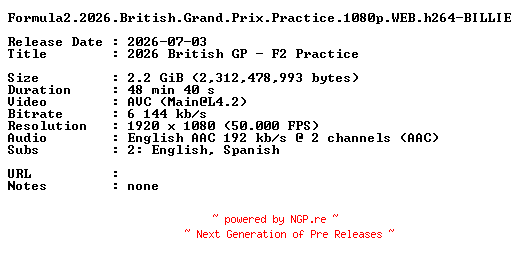 NFO for the release Formula2.2026.British.Grand.Prix.Practice.1080p.WEB.h264-BILLIE by BILLIE