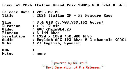 NFO for the release Formula2.2026.Italian.Grand.Prix.1080p.WEB.h264-BILLIE by BILLIE