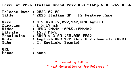 NFO for the release Formula2.2026.Italian.Grand.Prix.HLG.2160p.WEB.h265-BILLIE by BILLIE