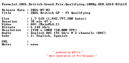NFO for the release Formula3.2026.British.Grand.Prix.Qualifying.1080p.WEB.h264-BILLIE by BILLIE