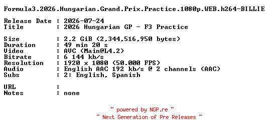 NFO for the release Formula3.2026.Hungarian.Grand.Prix.Practice.1080p.WEB.h264-BILLIE by BILLIE