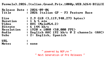 NFO for the release Formula3.2026.Italian.Grand.Prix.1080p.WEB.h264-BILLIE by BILLIE