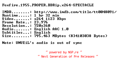 NFO for the release Foxfire.1955.PROPER.BDRip.x264-SPECTACLE by SPECTACLE