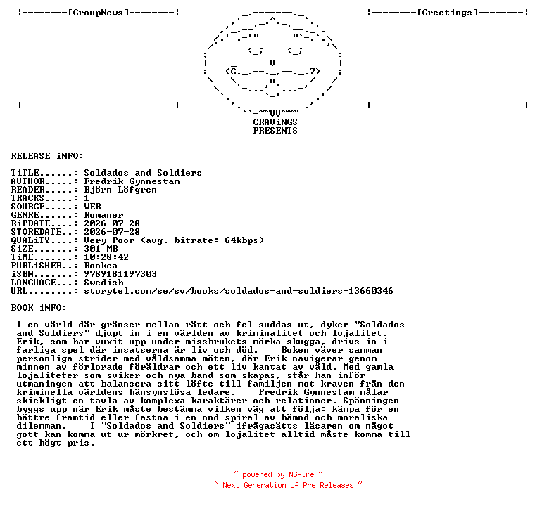 NFO for the release Fredrik_Gynnestam_-_Soldados_And_Soldiers-AUDiOBOOK-WEB-SE-2026-CRAViNGS_iNT by CRAViNGS_iNT