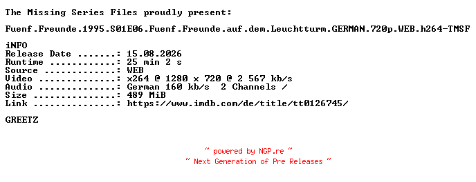 NFO for the release Fuenf.Freunde.1995.S01E06.Fuenf.Freunde.auf.dem.Leuchtturm.GERMAN.FS.720p.WEB.h264-TMSF by TMSF