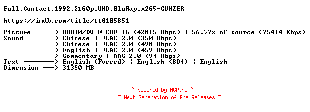 NFO for the release Full.Contact.1992.2160p.UHD.BluRay.x265-GUHZER by GUHZER