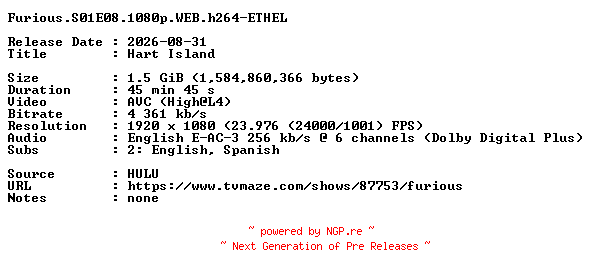 NFO for the release Furious.S01E08.1080p.WEB.h264-ETHEL by ETHEL