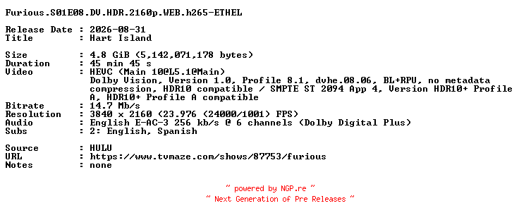 NFO for the release Furious.S01E08.DV.HDR.2160p.WEB.h265-ETHEL by ETHEL