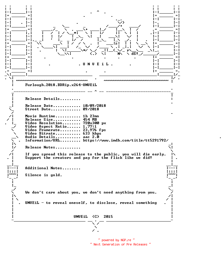 NFO for the release Furlough.2018.BDRip.x264-UNVEiL by UNVEiL