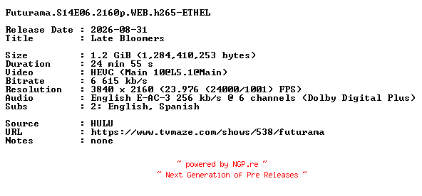 NFO for the release Futurama.S14E06.2160p.WEB.h265-ETHEL by ETHEL