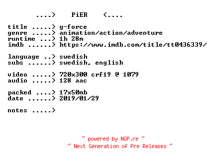 NFO for the release G-Force.2009.iNTERNAL.SWEDiSH.BDRip.x264-PiER by PiER