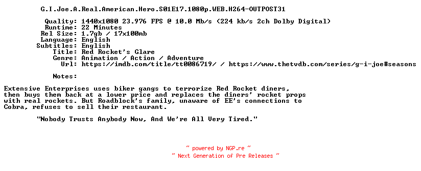 NFO for the release G.I.Joe.A.Real.American.Hero.S01E17.1080p.WEB.H264-OUTPOST31 by OUTPOST31