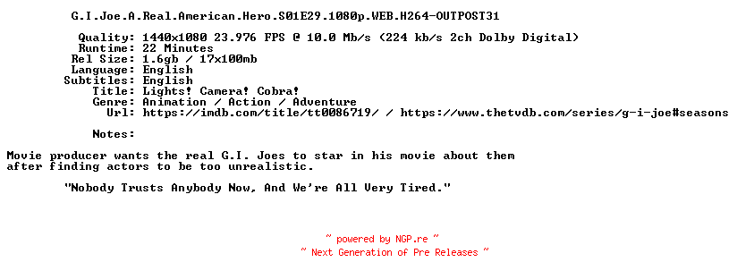 NFO for the release G.I.Joe.A.Real.American.Hero.S01E29.1080p.WEB.H264-OUTPOST31 by OUTPOST31