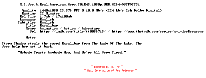 NFO for the release G.I.Joe.A.Real.American.Hero.S01E45.1080p.WEB.H264-OUTPOST31 by OUTPOST31