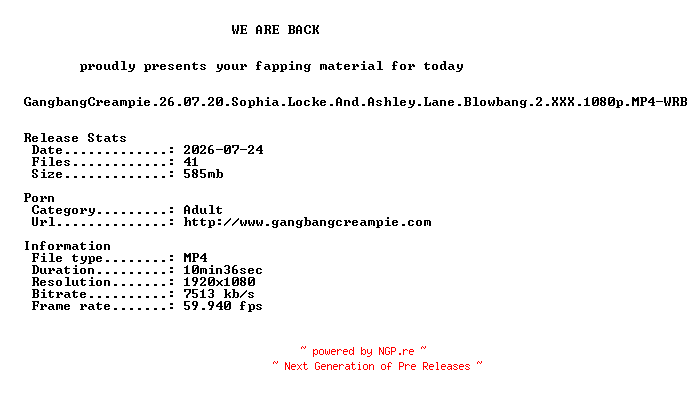 NFO for the release GangbangCreampie.26.07.20.Sophia.Locke.And.Ashley.Lane.Blowbang.2.XXX.1080p.MP4-WRB by WRB