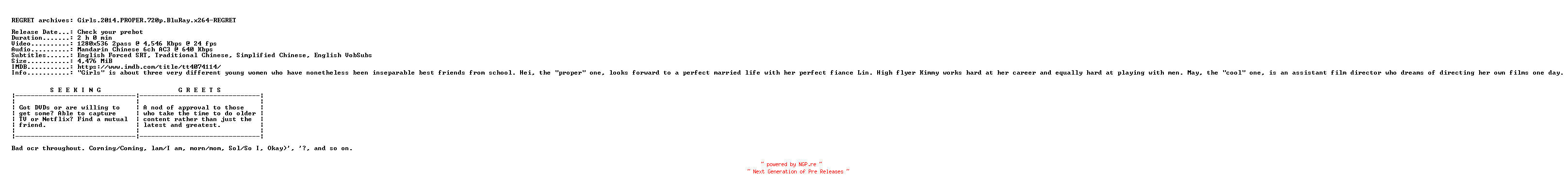 NFO for the release Girls.2014.PROPER.720p.BluRay.x264-REGRET by REGRET